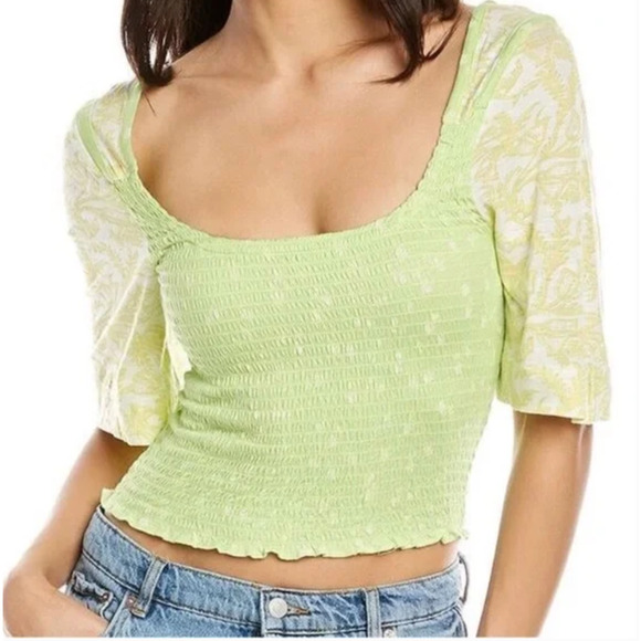 Free People MARIGOLD Smocked Tee Crop Top | Sz S Key Lime Green NEW  N1 - Picture 3 of 12